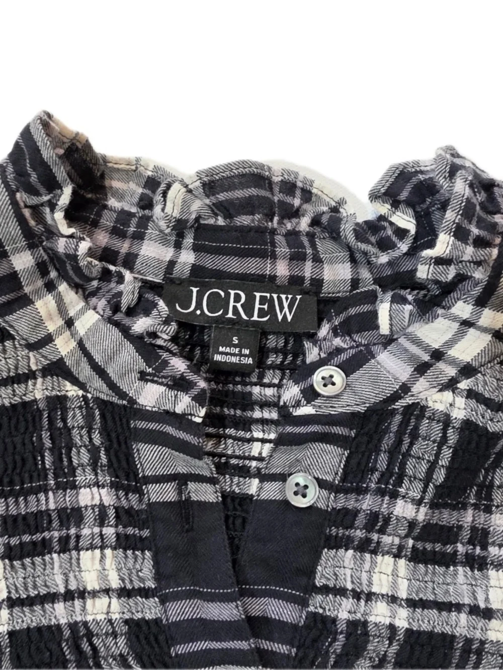 J.CREW Blouse Womens S‎ Black Tartan Plaid Mock Neck Long Sleeve Button Ruffle